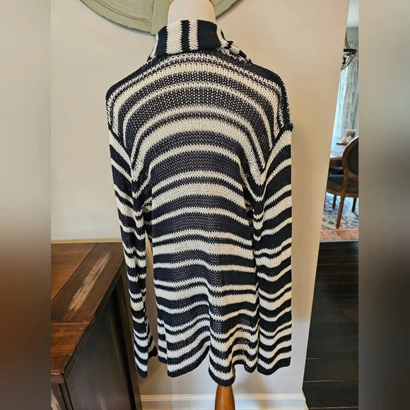 Wooden Ships •Size M-L• Longline Open Knit Cardigan Navy Blue & White Anthro - Picture 4 of 7